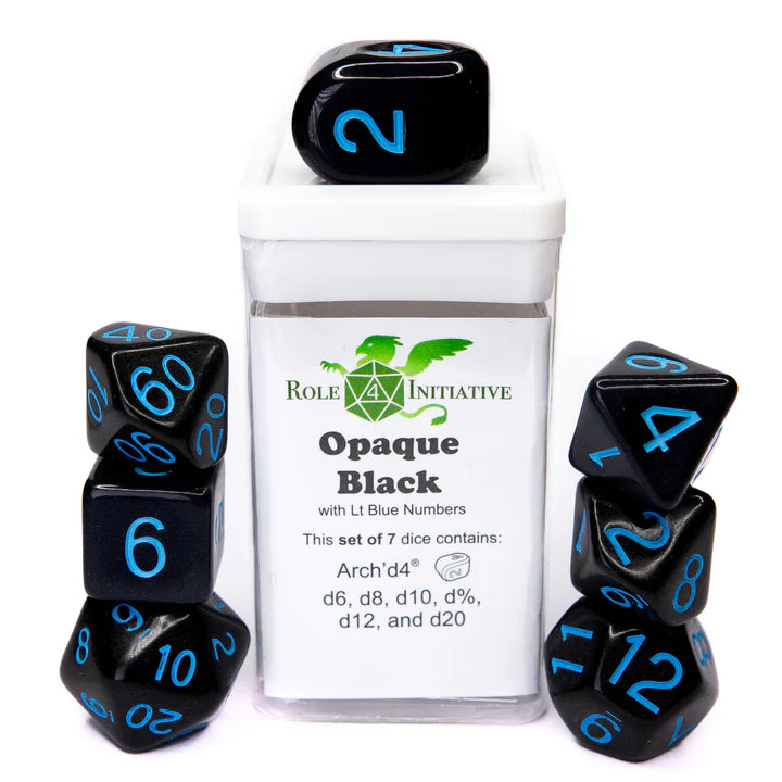 Set of 7 dice w/ Arch'd4: Opaque Blk w/ Lt Blue