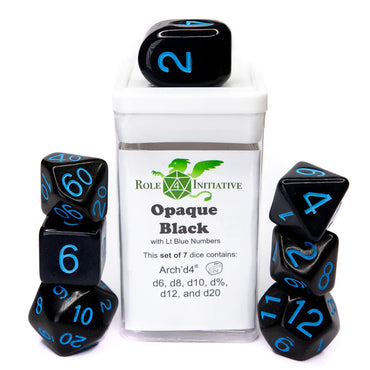 Set of 7 dice w/ Arch'd4: Opaque Blk w/ Lt Blue