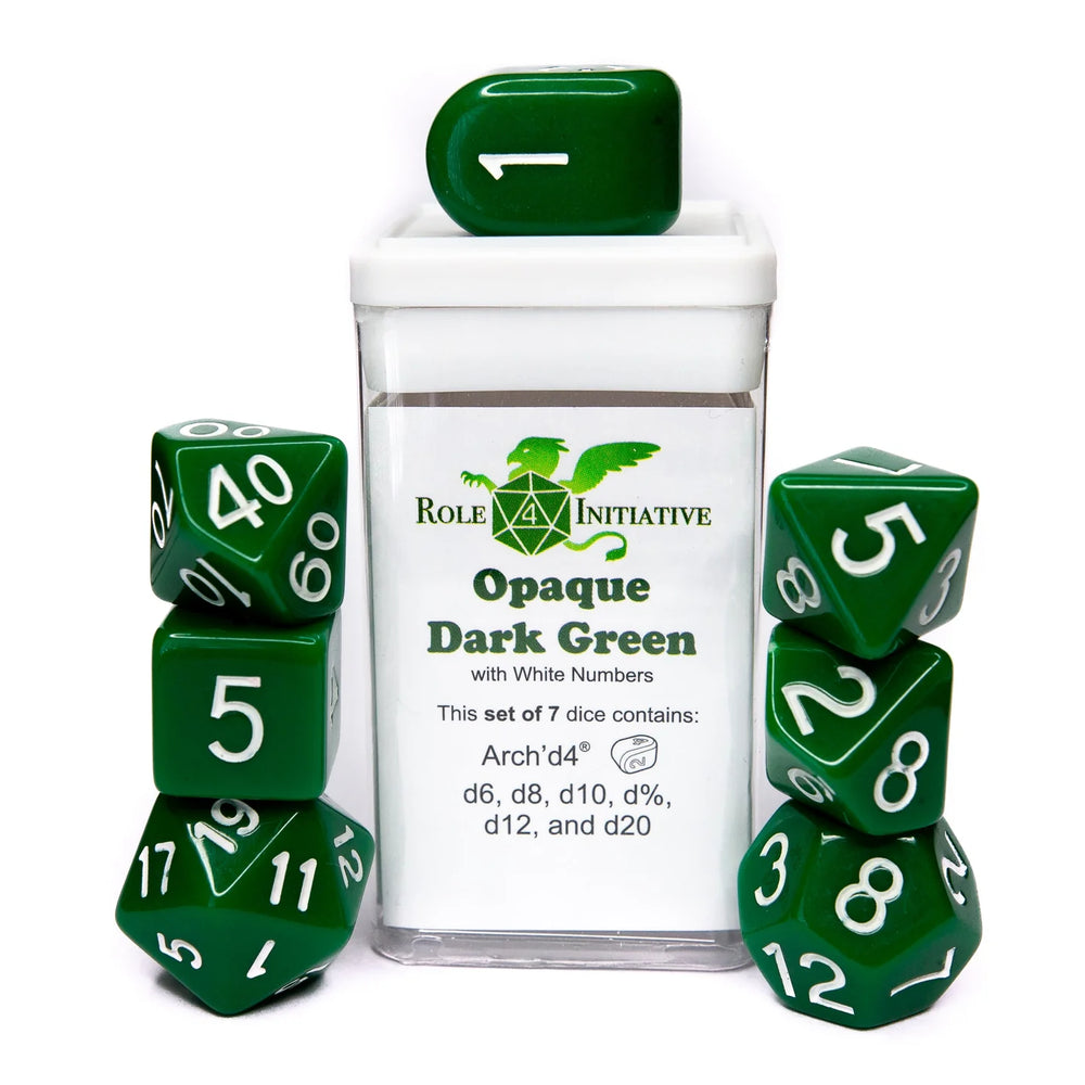 Set of 7 dice w/ Arch'd4: Opaque Dark Green w/ White