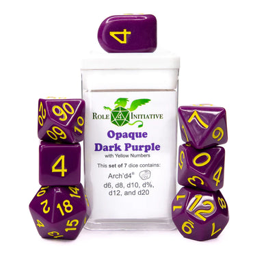 Set of 7 dice w/ Arch'd4: Opq Dk Purple w/ Yellow