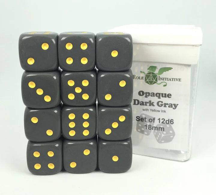 Set of 12d6 pip (18mm): Opaque Dark Gray w/ Yellow