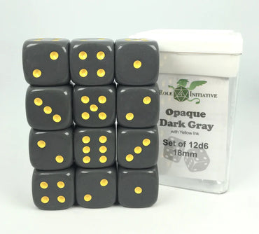 Set of 12d6 pip (18mm): Opaque Dark Gray w/ Yellow