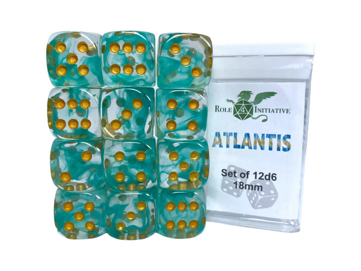 Set of 12d6 pip (18mm): Diffusion Atlantis w/ Metallic Gold