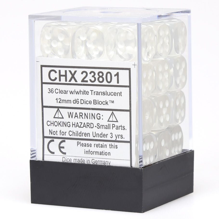 d6 Cube 12mm Translucent Clear with White (36)
