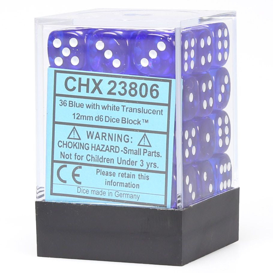 d6 Cube 12mm Translucent Blue with White (36)