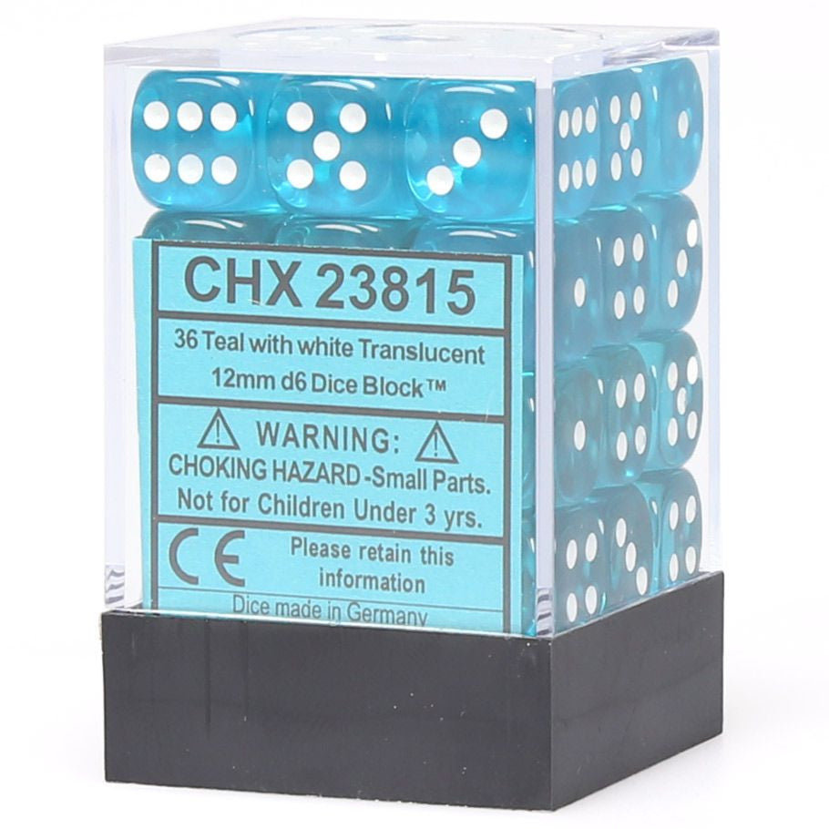 d6 Cube 12mm Translucent Teal with White (36)